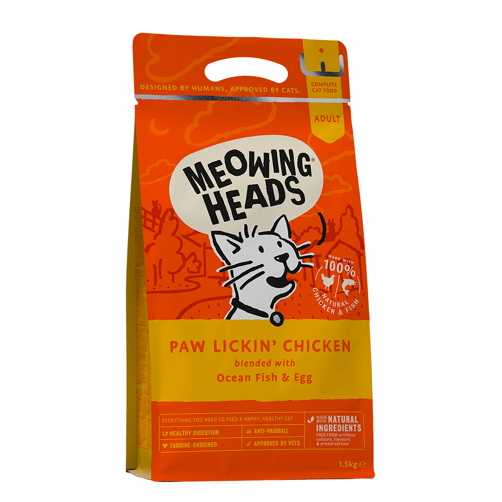 Meowing Heads Paw Lickin' Chicken Dry Cat Food front of the pack