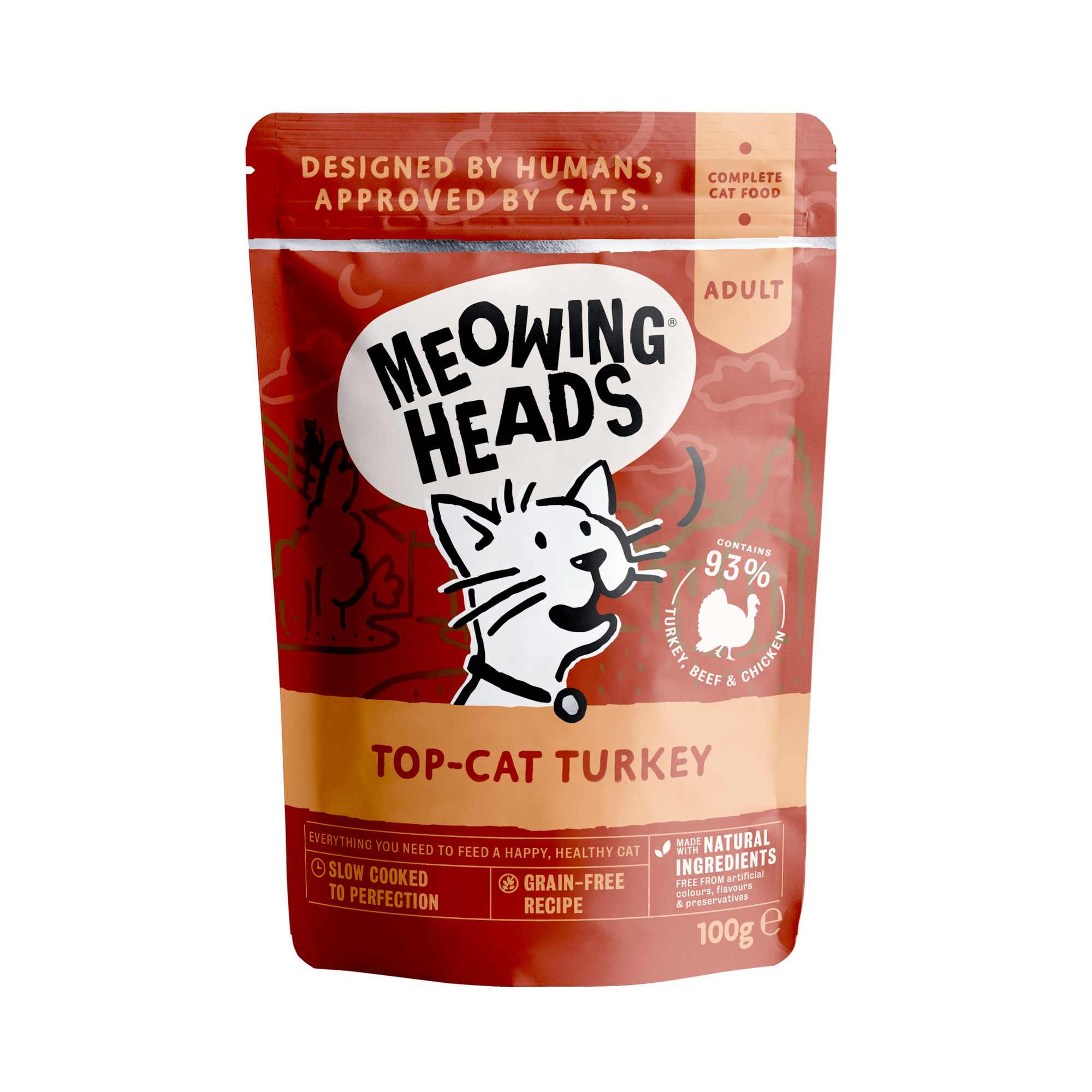 meowing heads top cat turkey pouch front of pack